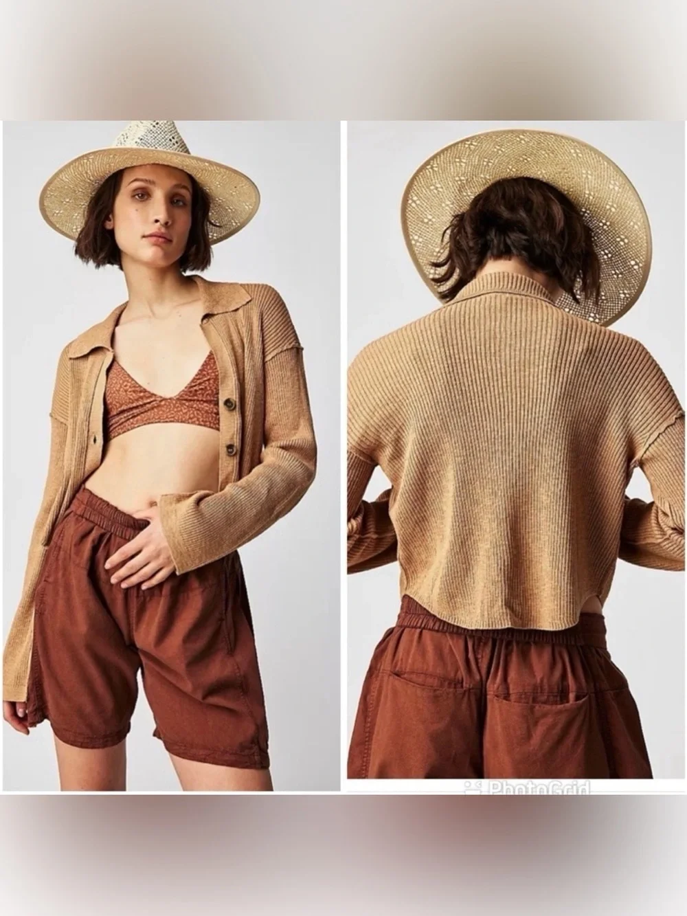 Free People Button-Front V-Neck Cardigan in Camel Brown - Picture 5 of 6